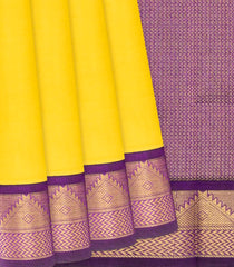 Lemon Yellow Handloom Korvai Silk Cotton Saree With Purple Border-Lime Yellow