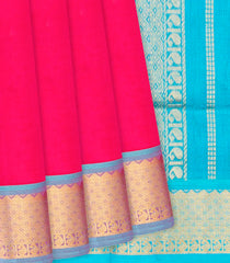 Hot Pink Handloom Plain Silk Cotton Saree With Contrast Light Blue Pallu -Hot Pink