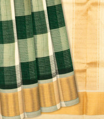 Green Handloom Silk Cotton Saree With Checks & Cream Pallu-Green