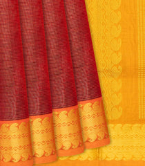 Crimson Handloom Silk Cotton Saree With Stripes & Contrast Pallu-Crimson