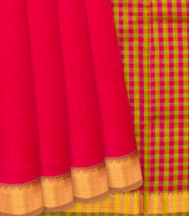 Hot Pink Handloom Plain Silk Cotton Saree With Checked Pallu-Hot Pink