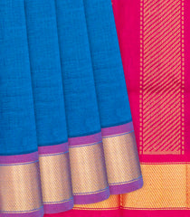 Blue Handloom Plain Silk Cotton Saree With Pink Pallu -Blue