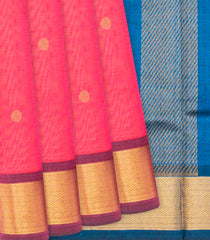 Hot Pink Handloom Silk Cotton Saree With Buttas & Blue Pallu -Hot Pink