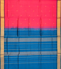 Hot Pink Handloom Silk Cotton Saree With Buttas & Blue Pallu -Hot Pink