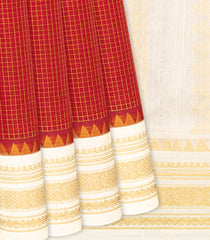 Crimson Handloom Korvai Silk Cotton Saree With Checks & White Border-Crimson