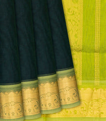 Bottle Green Handloom Plain Silk Cotton Saree With Contrast Green Pallu-Bottle Green