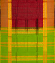 Crimson Handloom Plain Silk Cotton Saree With Contrast Green Pallu-Crimson