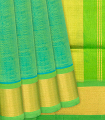 Aquamarine  Handloom Plain Silk Cotton Saree With Contrast Green Pallu-Aquamarine