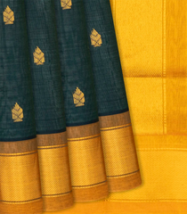 Bottle Green Handloom Silk Cotton Saree With Buttas & Contrast Pallu-Bottle Green