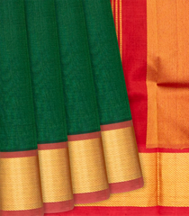 Dark Green Handloom Plain Silk Cotton Saree With Red Pallu-Dark Green