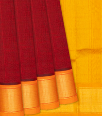 Crimson Handloom Plain Silk Cotton Saree With Yellow Pallu-Crimson