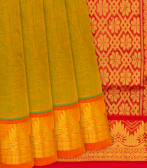 Green Handloom Plain Silk Cotton Saree With Red Pallu-Green