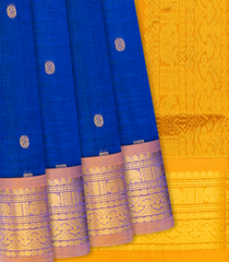 Blue Handloom Silk Cotton Saree With Rudraksham Buttas-Blue