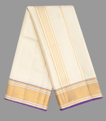 Off White 9 X 5 Handloom Silk Dhoti With Contrast Purple Border & Zari-Off White