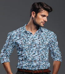 Blue Geometric Printed Formal Shirt-Blue