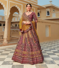 Traditional maroon floral embroidered bridal lehenga -Maroon-L