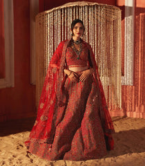 Golden Crimson Embroidered lehenga set -Crimson-L