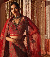 Golden Crimson Embroidered lehenga set -Crimson-L