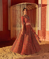 Golden Crimson Embroidered lehenga set -Crimson-L