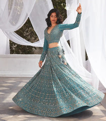 Serene Blue Embroidered Lehenga set-Blue-L