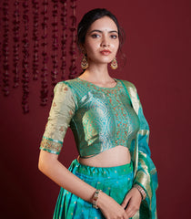 Aqua Green embroidered pure silk lehenga set -Aquamarine-S