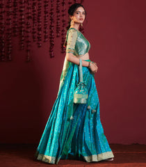 Aqua Green embroidered pure silk lehenga set -Aquamarine-S