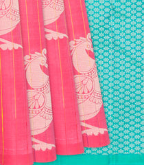 Bubble-gum Pink Handloom Soft Silk Saree With Annam Buttas & Stripes-BubbleGum Pink