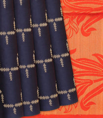 Midnight Blue Handloom Soft Silk Saree With Triangle Motifs-Midnight Blue