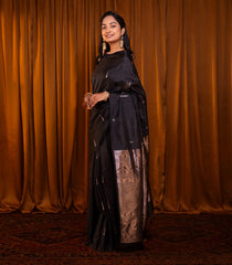 Black Handloom Soft Silk Saree With Munia Buttas-Black