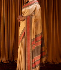 Cream Handloom Soft Silk Saree With Stripes-Cream