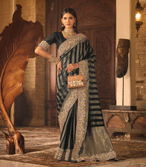 Black Woven Blended Satin Saree With Stripes & Hand Theme Heavy Embroidery-EN2125