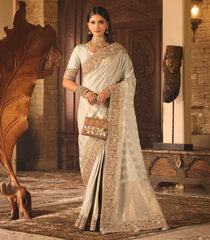 Taupe Woven Blended Satin Saree With Stripes & Hand Theme Heavy Embroidery-EN2126