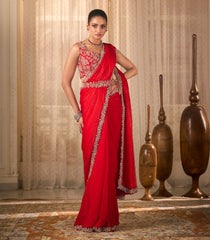 Red Woven Shiny Blended Satin Saree With Beads Embroidery Work & Waist Belt-EN2127