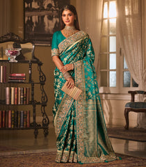 Green Woven Blended Satin Saree With Floral Zari Motifs & Hand Theme Heavy Embroidery-EN2129