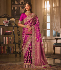 Magenta Woven Blended Satin Saree With Floral Zari Motifs & Hand Theme Heavy Embroidery-EN2130