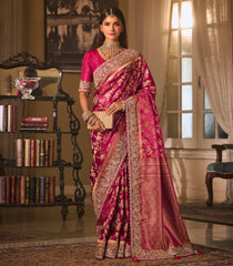 Maroon Woven Blended Satin Saree With Floral Zari Motifs & Hand Theme Heavy Embroidery-EN2131