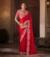Red Woven Shiny Blended Satin Saree With Moti Work & Hand Theme Heavy Embroidery-EN2132