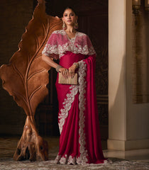 Magenta Woven Blended Satin Chiffon Saree With Lucknowi Zaridozi Embroidery & Cape Blouse-EN2133