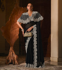 Black Woven Blended Satin Chiffon Saree With Lucknowi Zaridozi Embroidery & Cape Blouse-EN2134