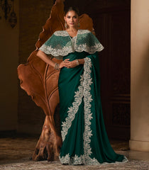 Green Woven Blended Satin Chiffon Saree With Lucknowi Zaridozi Embroidery & Cape Blouse-EN2135