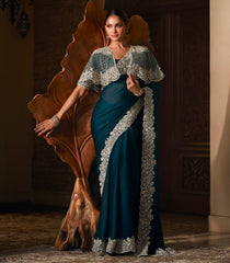Teal Woven Blended Satin Chiffon Saree With Lucknowi Zaridozi Embroidery & Cape Blouse-EN2136