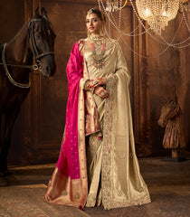 Taupe Woven Blended Satin Tissue Saree With Heavy Zardozi & Hand Diamond Kundan Work With Dupatta-EN2137