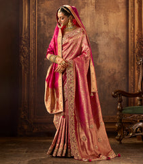 Magenta Woven Blended Satin Tissue Saree With Heavy Zardozi & Hand Diamond Kundan Work With Dupatta-EN2138