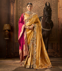 Gold Woven Blended Satin Tissue Saree With Heavy Zardozi & Hand Diamond Kundan Work With Dupatta-EN2139