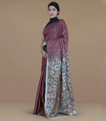 Brown Handloom Tussar Silk Saree With Block Print Chevron Motifs & Kalamkari Hand Painted Pallu & Blouse