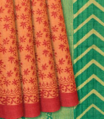 Peach Handloom Tussar Silk Saree With Printed Floral Motif-Peach