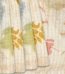 Cream Handloom Tussar Silk Saree With Eco Printed Leaves -Cream