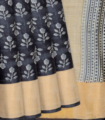 Black Handloom Tussar Silk Saree With Printed Floral Motifs-Black