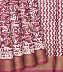 Chestnut Pink Handloom Tussar Silk Saree With Printed Tribal Motifs-Chestnut Pink