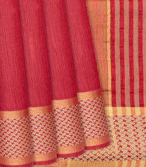 Crimson Handwoven Tussar Silk Saree With Striped Pallu-Crimson